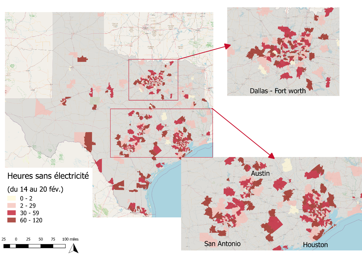 Figure 3 - Carte des régions du Texas touchées par des coupures d'électricité du 14 au 20 février 2021 pendant la tempête hivernale Uri.